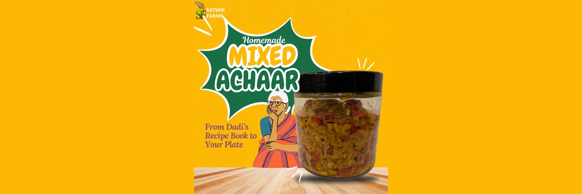 Jar of homemade Satwik Mixed Aachar — sun-cured Indian pickle with raw mango, lemon, garlic, red chilli, and mustard oil, made from grandmother's recipe