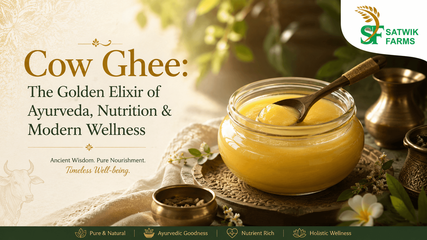 A jar of golden Satwik Farms cow ghee with a wooden spoon, herbs and brass utensils — Ayurveda's revered Ghrita