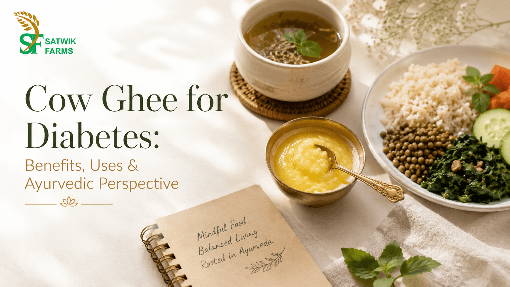 Cow ghee for diabetes — a balanced Satwik meal of millet, dal, vegetables and a small spoon of ghee, rooted in Ayurveda