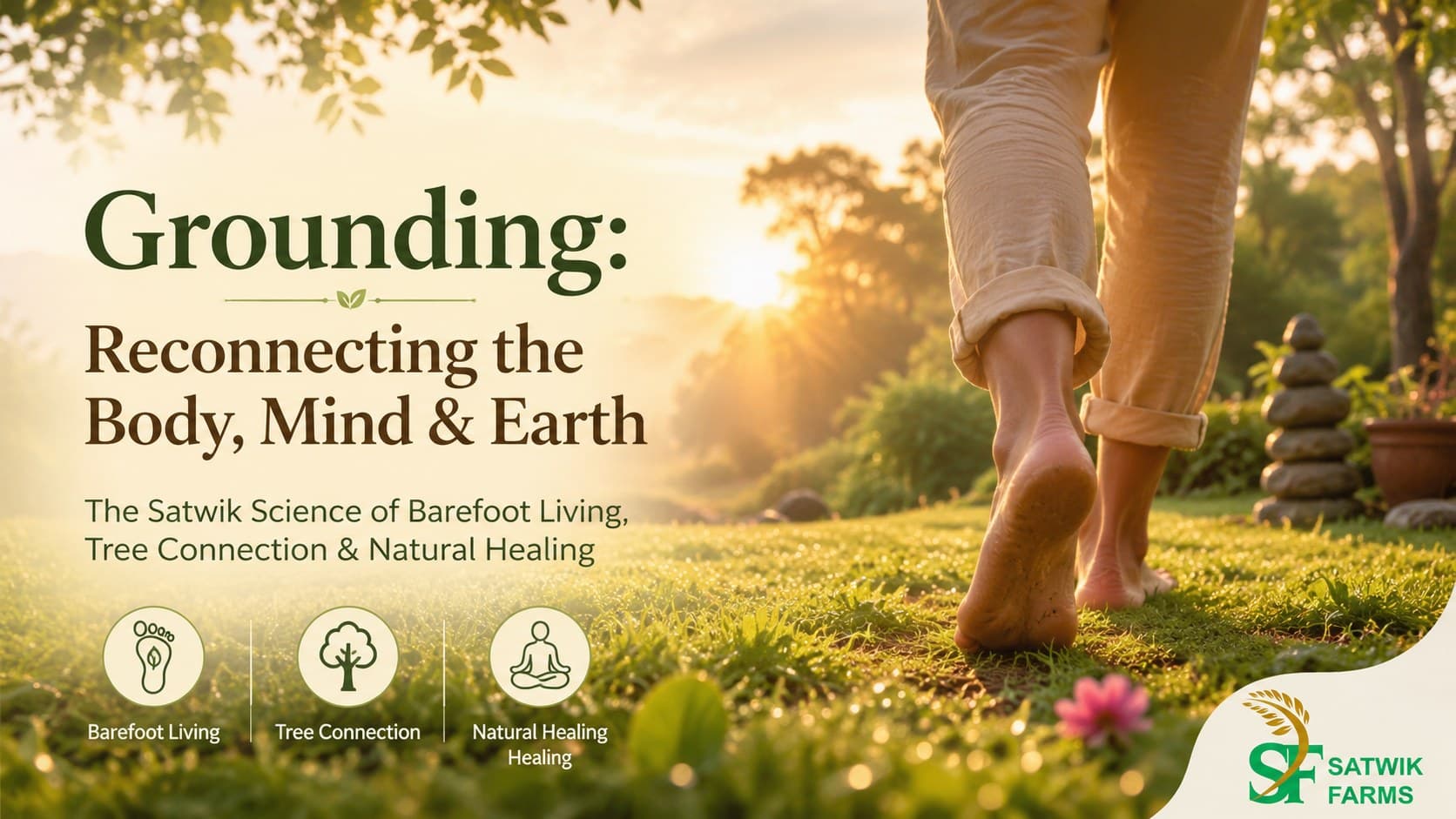 Bare feet walking on natural grass at sunrise — grounding, or earthing, reconnects the body and mind with the Earth
