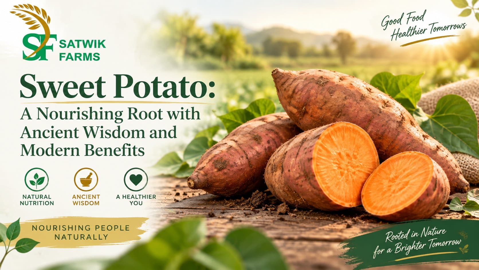 Satwik Farms sweet potato (shakarkand) — whole and halved orange-fleshed roots on a wooden table with green leaves and farm fields behind