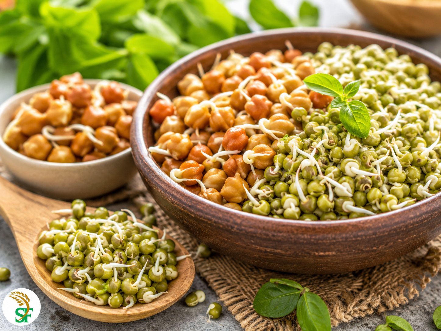 A bowl of fresh green moong sprouts alongside chana sprouts — ready to eat as a healthy snack or salad
