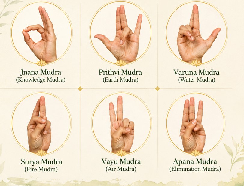 Six essential hast mudras with hand positions — Jnana (knowledge), Prithvi (earth), Varuna (water), Surya (fire), Vayu (air) and Apana (elimination) mudra
