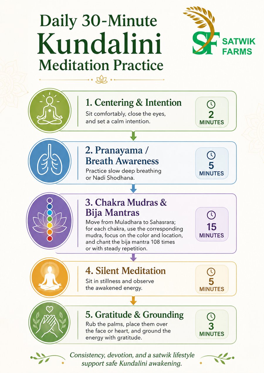 Daily 30-minute Kundalini meditation practice — centering, pranayama, chakra mudras with bija mantras, silent meditation and gratitude, step by step with timings