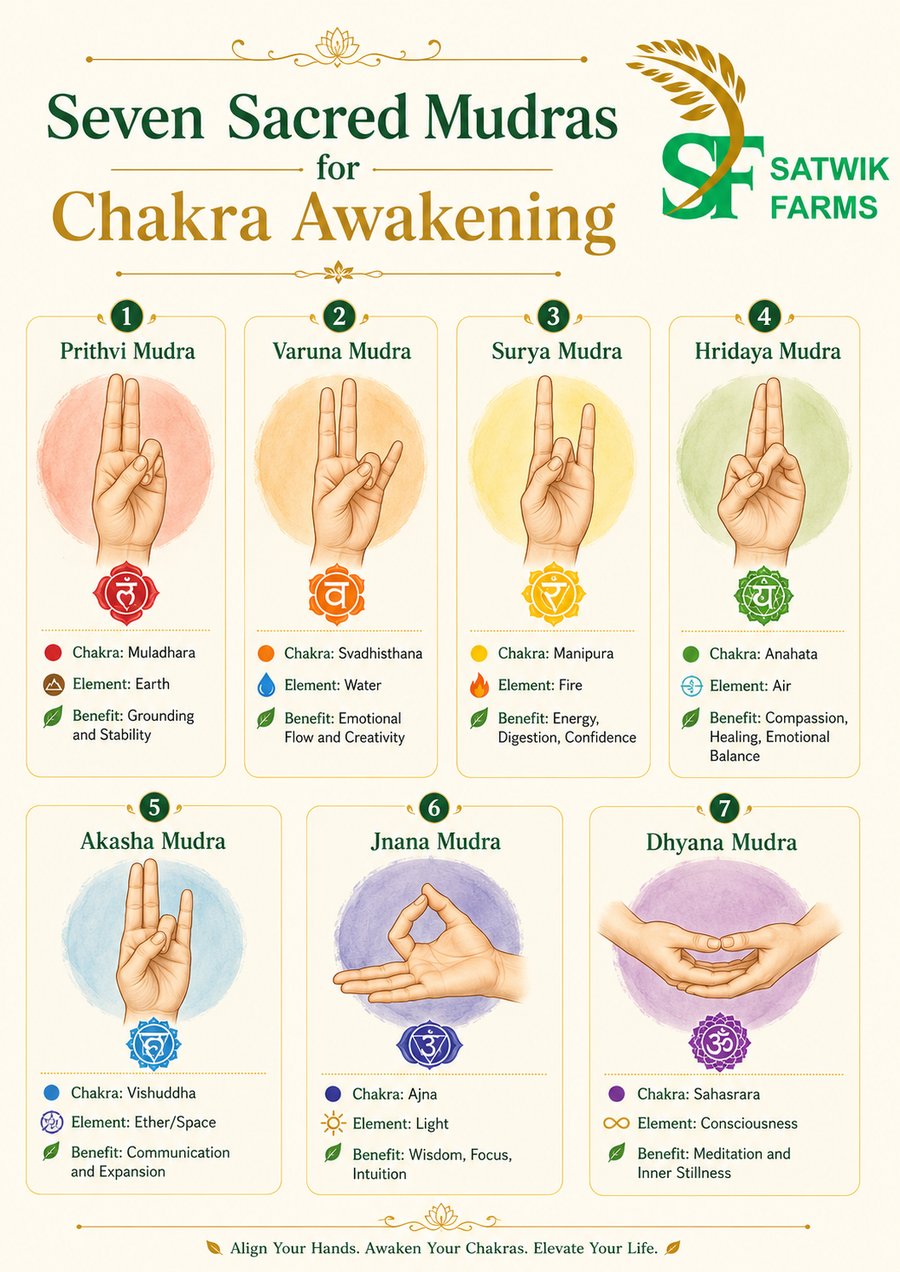 Seven sacred mudras for chakra awakening — Prithvi, Varuna, Surya, Hridaya, Akasha, Jnana and Dhyana mudra hand positions with their chakras and elements