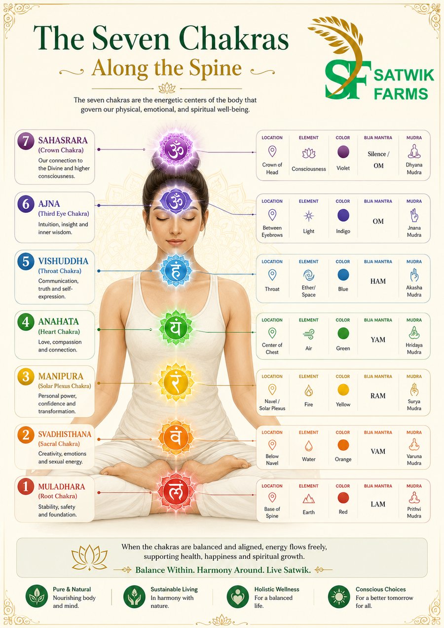 The Seven Chakras along the spine — location, element, colour, bija mantra and mudra for each chakra, from Muladhara at the base to Sahasrara at the crown
