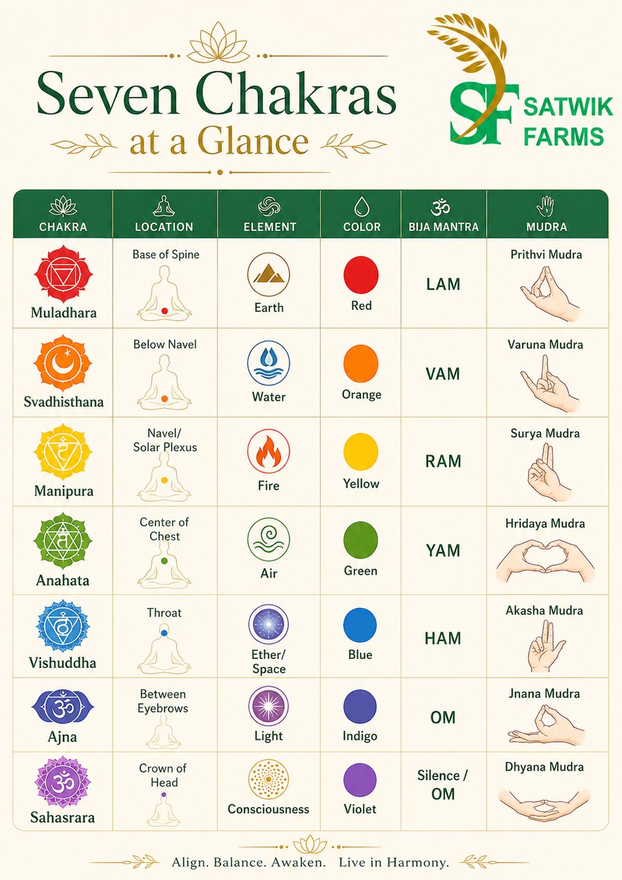 Seven chakras at a glance — chakra, location, element, colour, bija mantra and mudra summarised in one reference chart