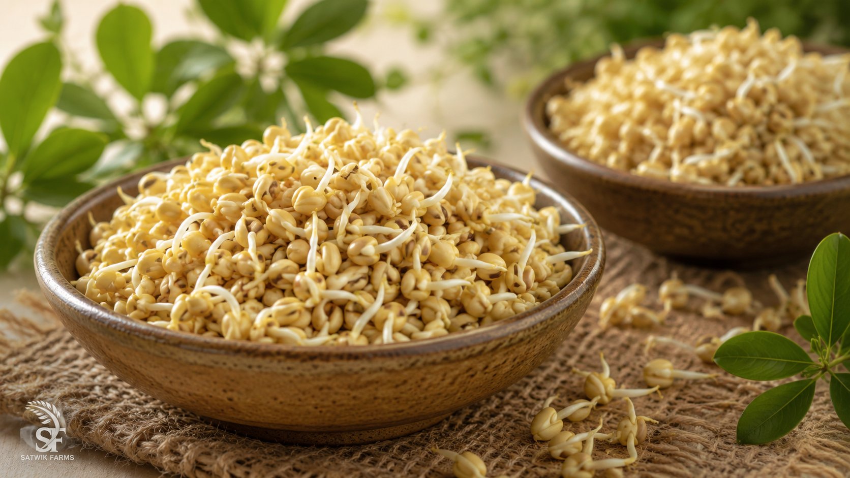 Fresh sprouted fenugreek seeds served in earthen bowls — methi sprouts are a living, minimally processed Satwik food