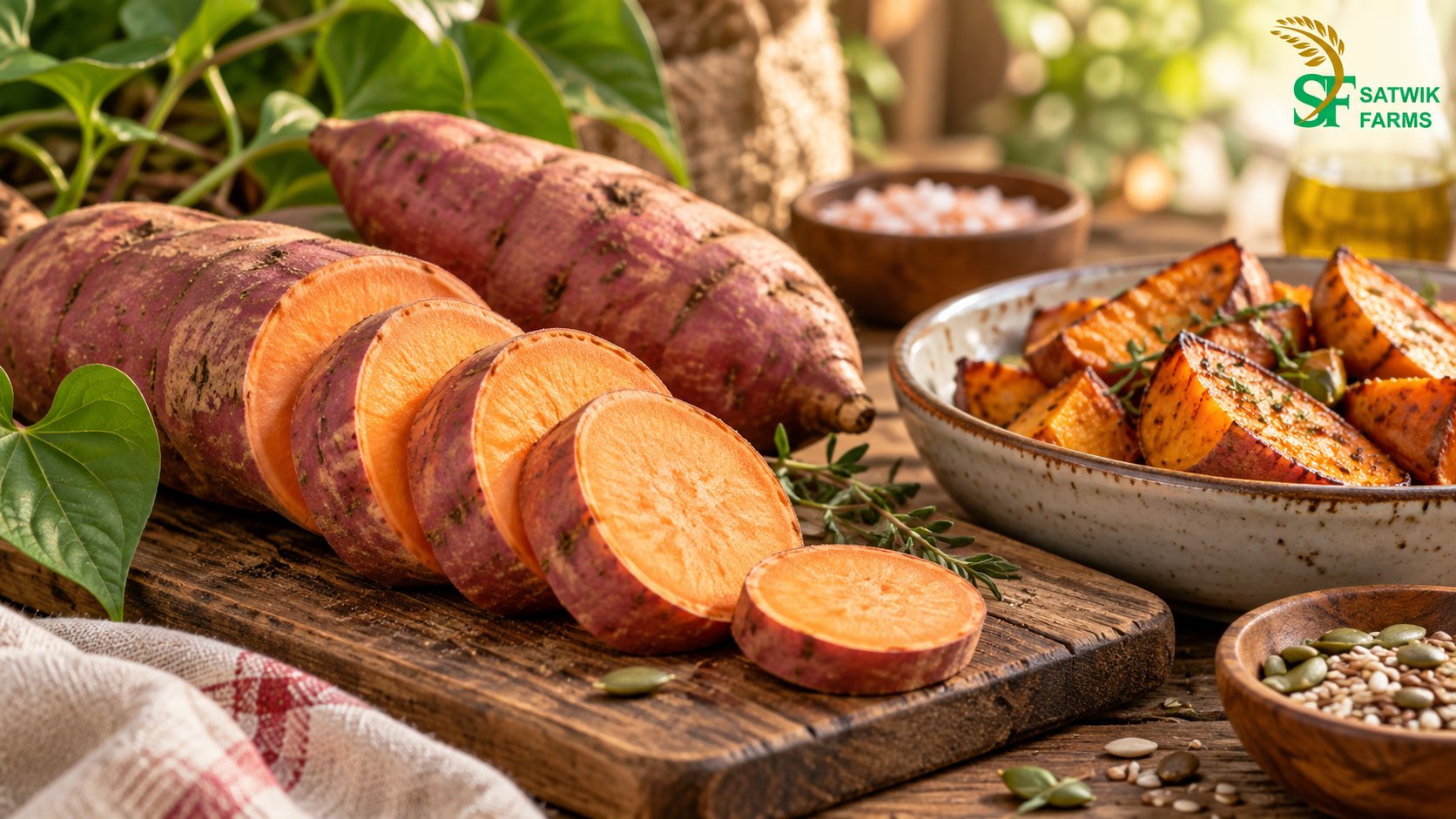 Satwik Farms sweet potatoes — sliced purple-skinned shakarkand on a wooden board beside a bowl of roasted sweet potato wedges, thyme, pink salt and pumpkin seeds