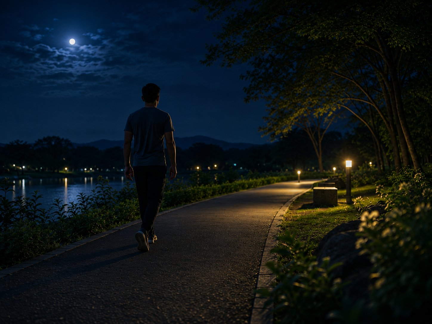 A calm riverside walk in the evening under moonlight — an after-dinner stroll can aid digestion and blood sugar balance